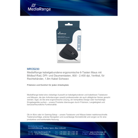 Maus optisch schwarz   Rechtsh&auml;nder MEDIARANGE MROS230 Produktbild Produktdatenblatt 1 XL