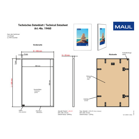 Bilderrahmen 40x60 cm aluminium/silber transparent MAUL 19460 05 Produktbild Produktdatenblatt 2 XL