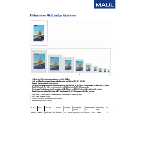 Bilderrahmen 40x60 cm aluminium/silber transparent MAUL 19460 05 Produktbild Produktdatenblatt 1 XL